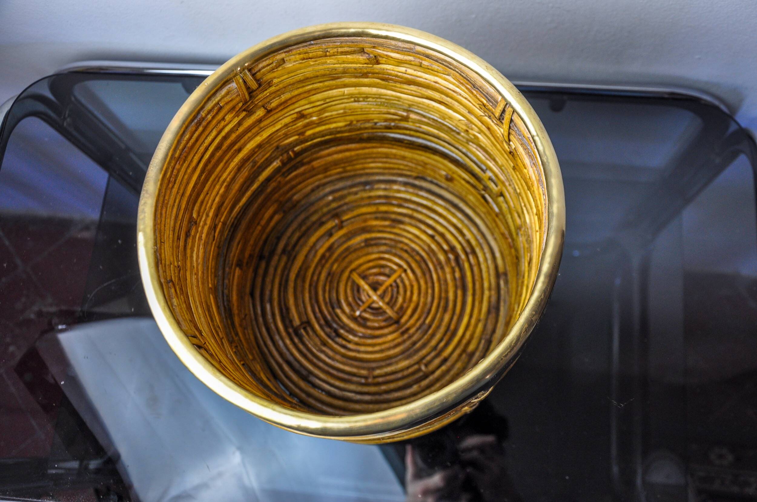 Rattan and brass basket, Italy, 1970, 25 cm diam