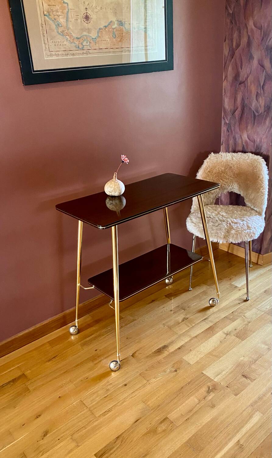 Vintage TV cabinet, 60s Formica server, gold-legged table.