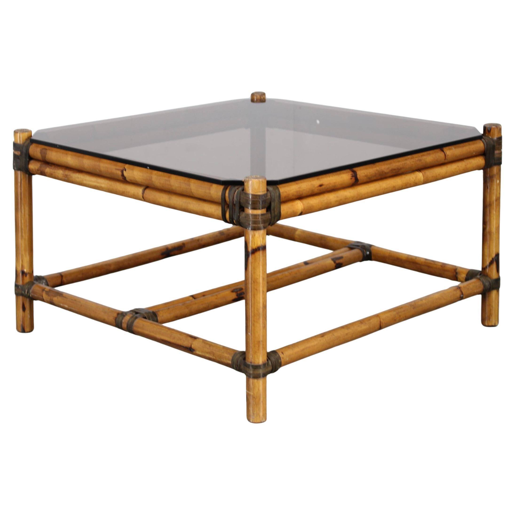 Vintage bamboo coffee table with smoked glass top