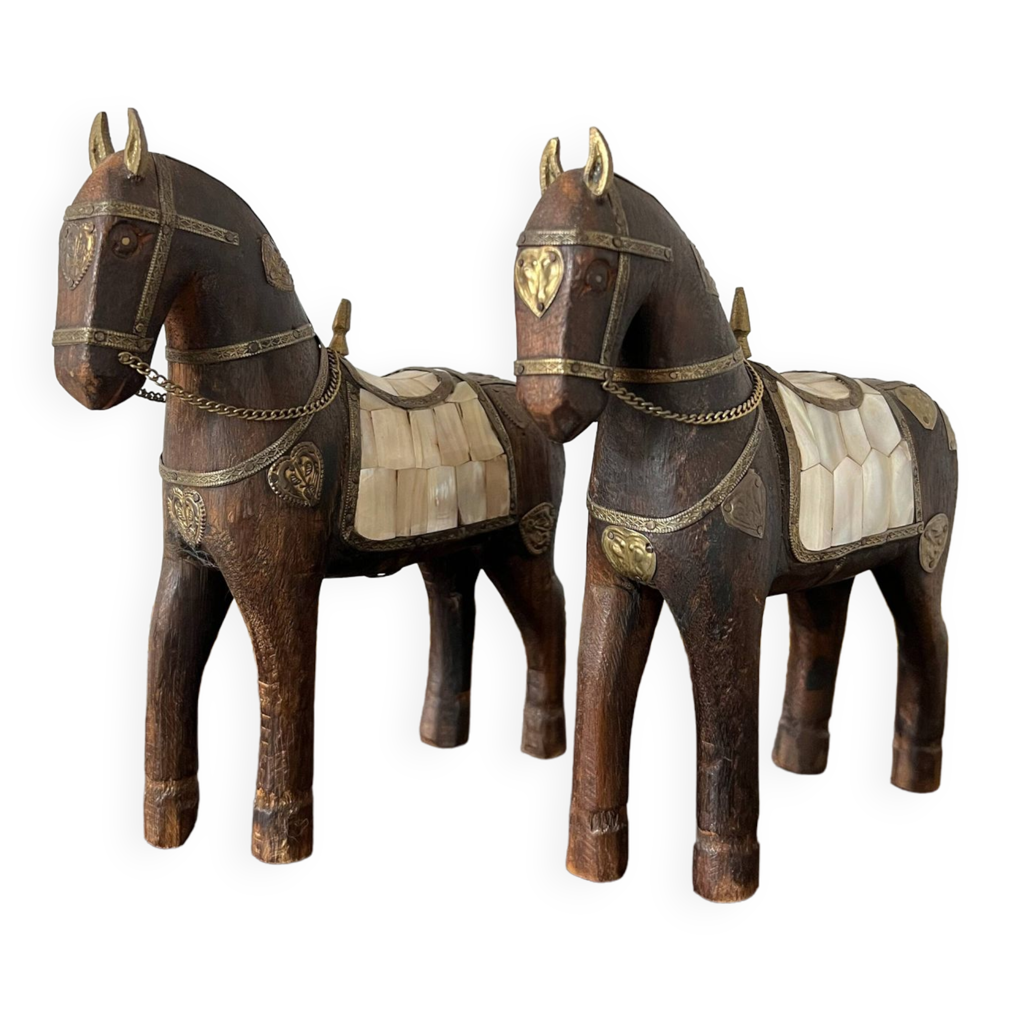 Oriental wooden horses ornaments brass and mother-of-pearl antiques
