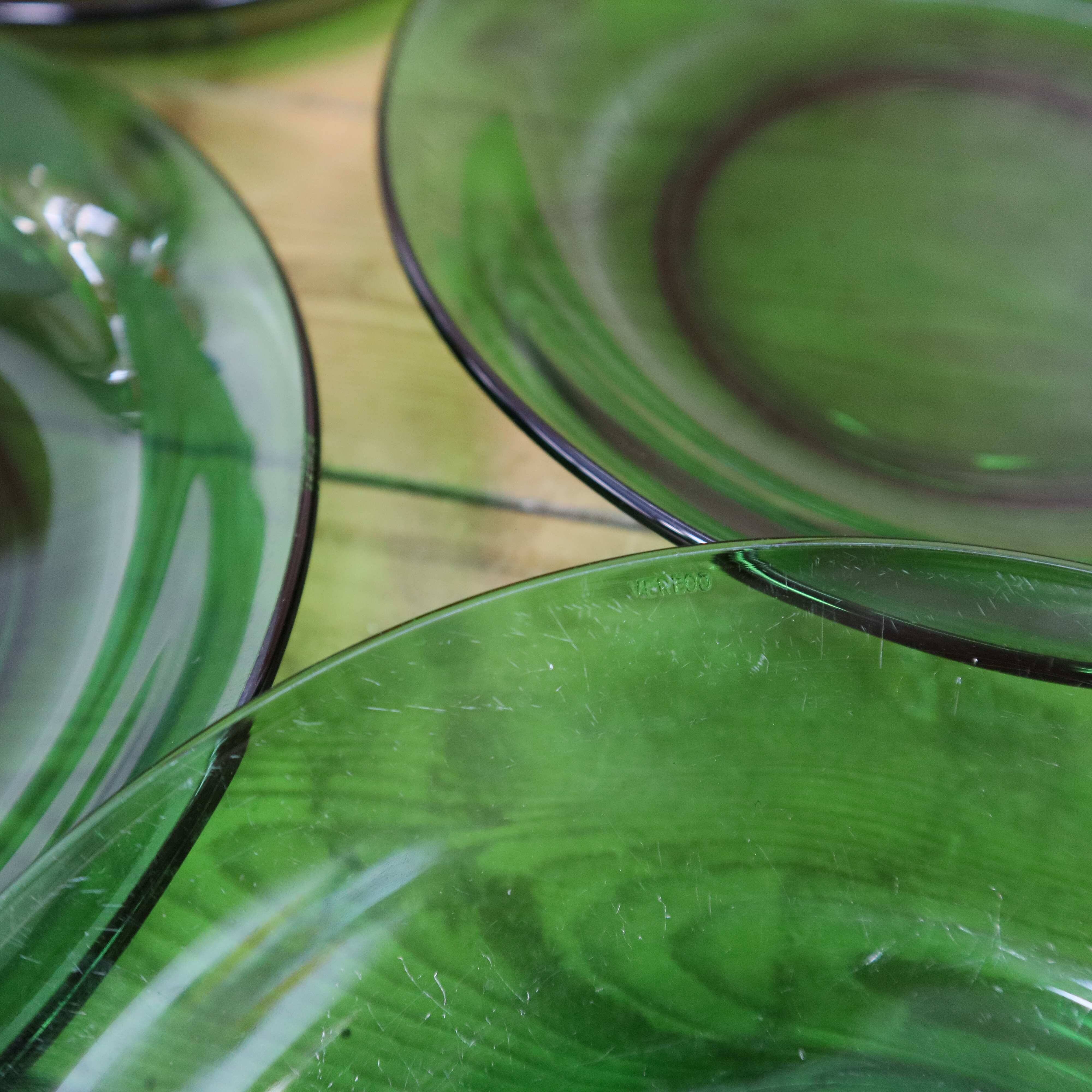 4 vintage green tempered glass soup plates Vereco France