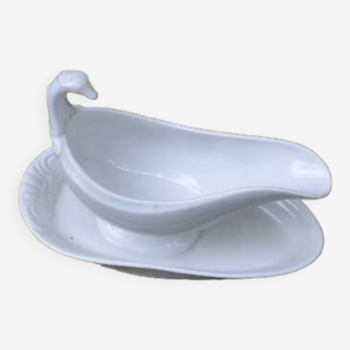 Old gravy boat 1900 white porcelain and swan-shaped handle