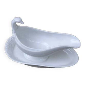 Old gravy boat 1900 white porcelain and swan-shaped handle