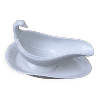 Saucière ancienne 1900 porcelaine blanche et anse en forme de cygne