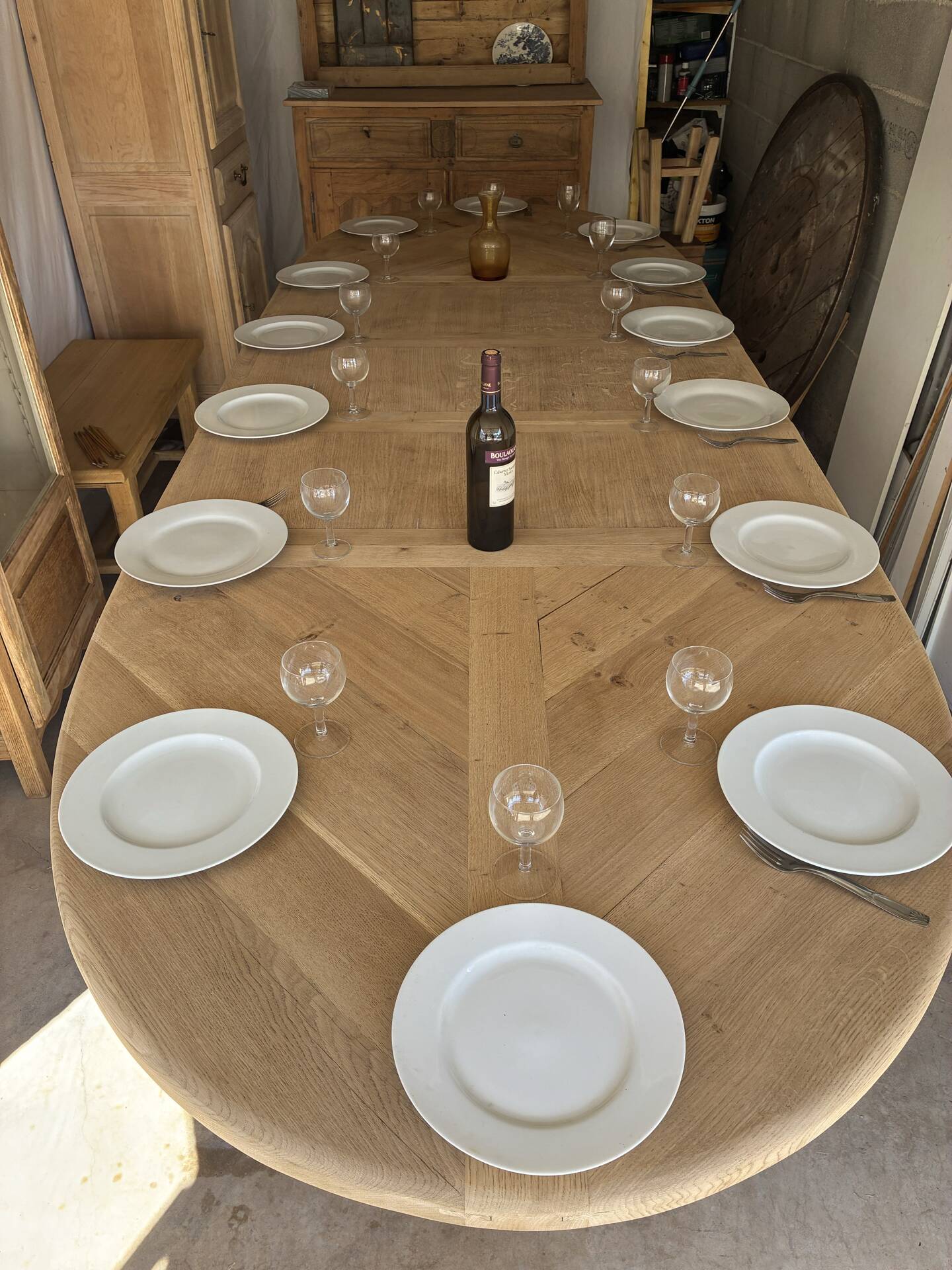 Solid oak farmhouse table with extensions.