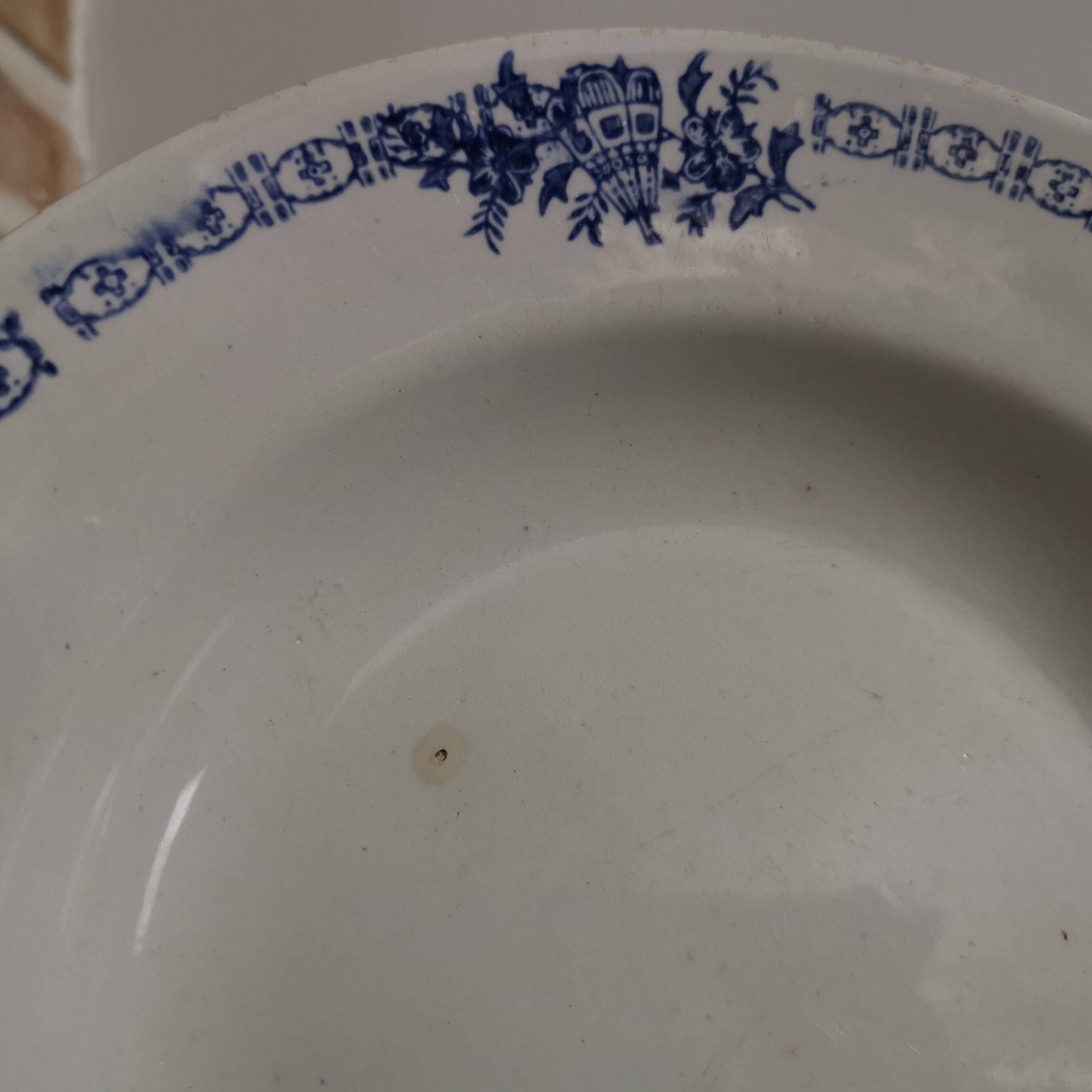 3 soup plates with blue frieze & St Amand fans