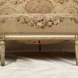 Louis XVI style bench in white and gold lacquered wood, upholstered with tapestry