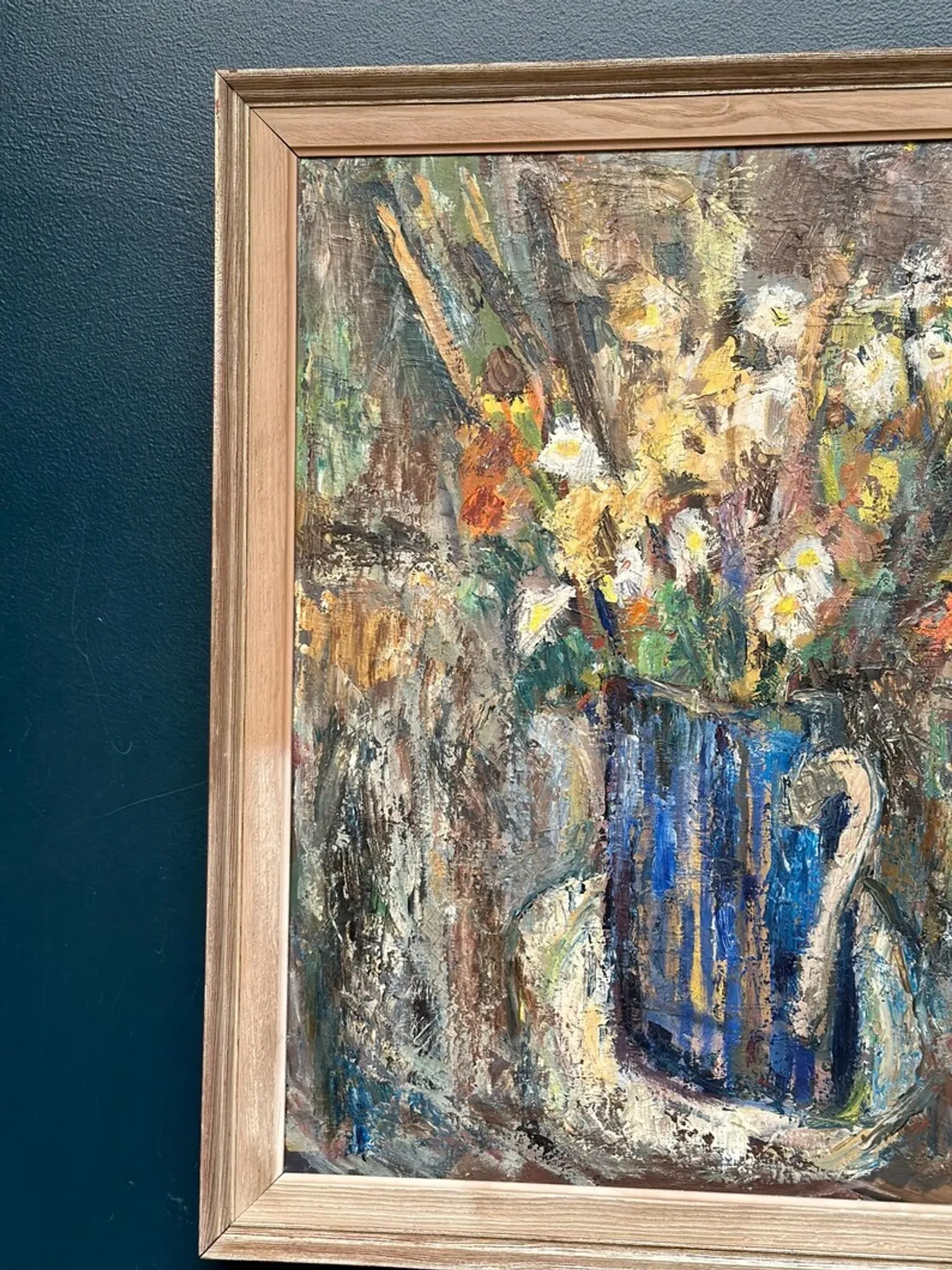 Original Swedish Oil on Panel – “Flowers in Blue Vase” by Sven Age – Signed – Vintage & Framed – 73 × 63 cm (28.7" × 24.8")