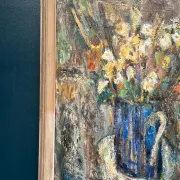 Original Swedish Oil on Panel – “Flowers in Blue Vase” by Sven Age – Signed – Vintage & Framed – 73 × 63 cm (28.7" × 24.8")
