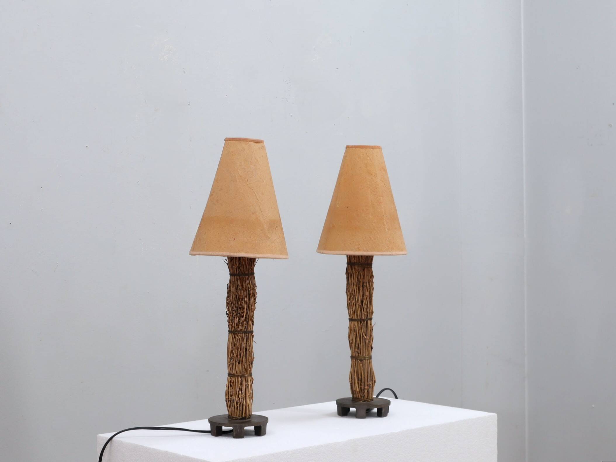 Pair of 1970s Italian decorative table lamps raphia & parchment