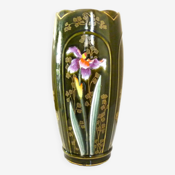 Vase with irises, enameled ceramic, art nouveau, Gustave De Bruyn for Fives Lille