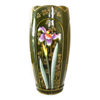 Vase aux iris, céramique émaillée, art nouveau, Gustave De Bruyn pour Fives Lille