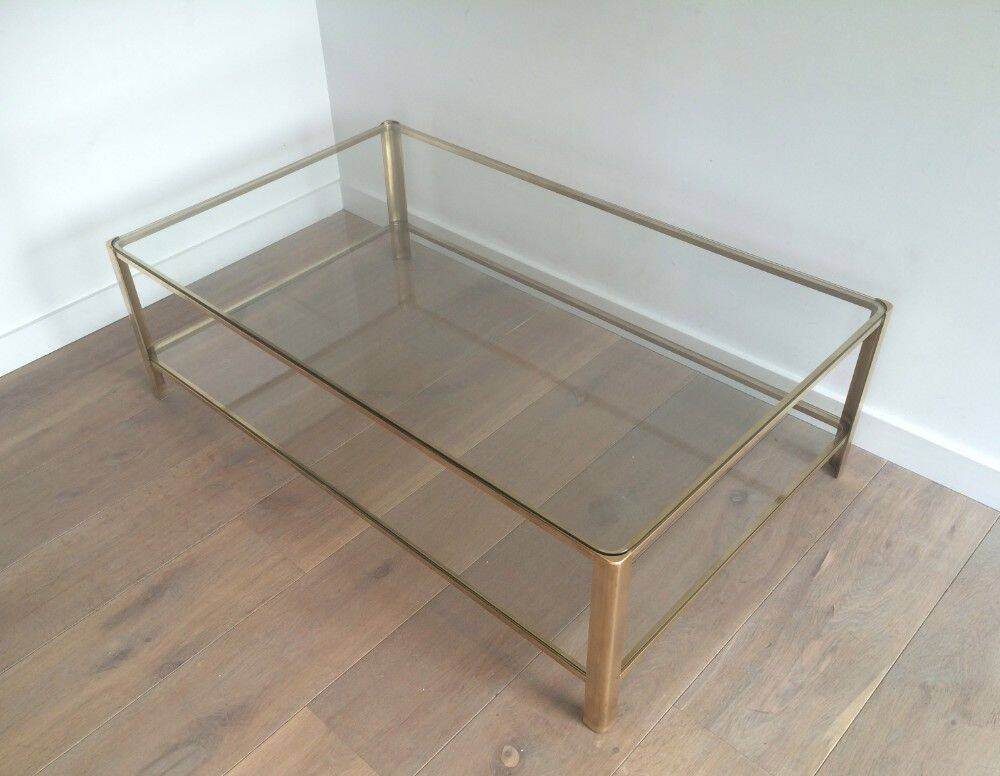 Large coffee table with a double top in polished bronze and glass, signed Jacques Théophile Lepelletier and stamped Broncz.