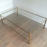 Grande table basse à double plateau en bronze poli et verre signé Jacques Théophile Lepelletier et estampillé Broncz