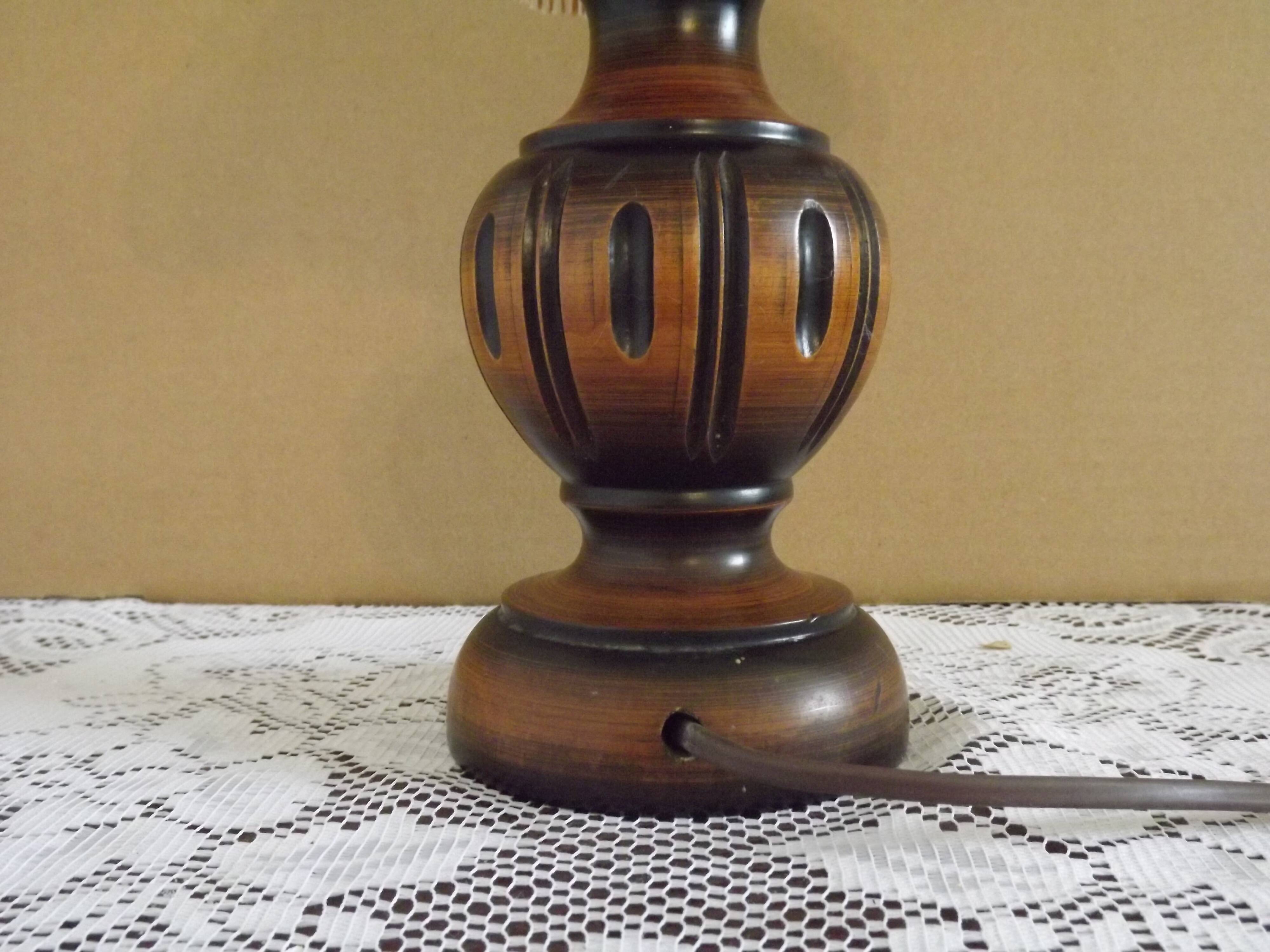 French Mid Century Round Turned Wood Table Lamp Cream Fringed Shade 5573