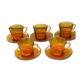 5 vintage Duralex cups and saucers