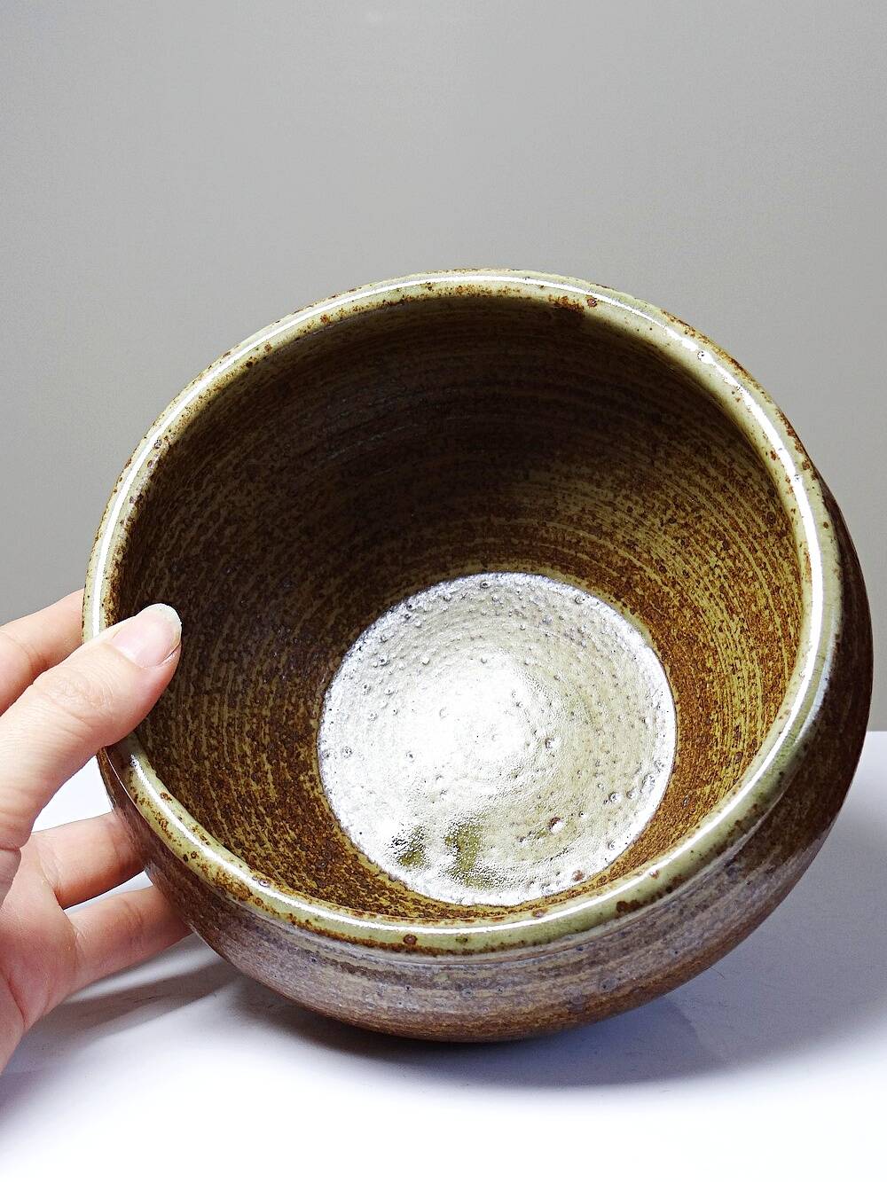 Vintage stoneware bowl or planter with ash glaze, rustic wabi sabi style