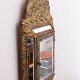 Antique Dutch Brass Ornate Repousse hanging Mirror Hall Cabinet