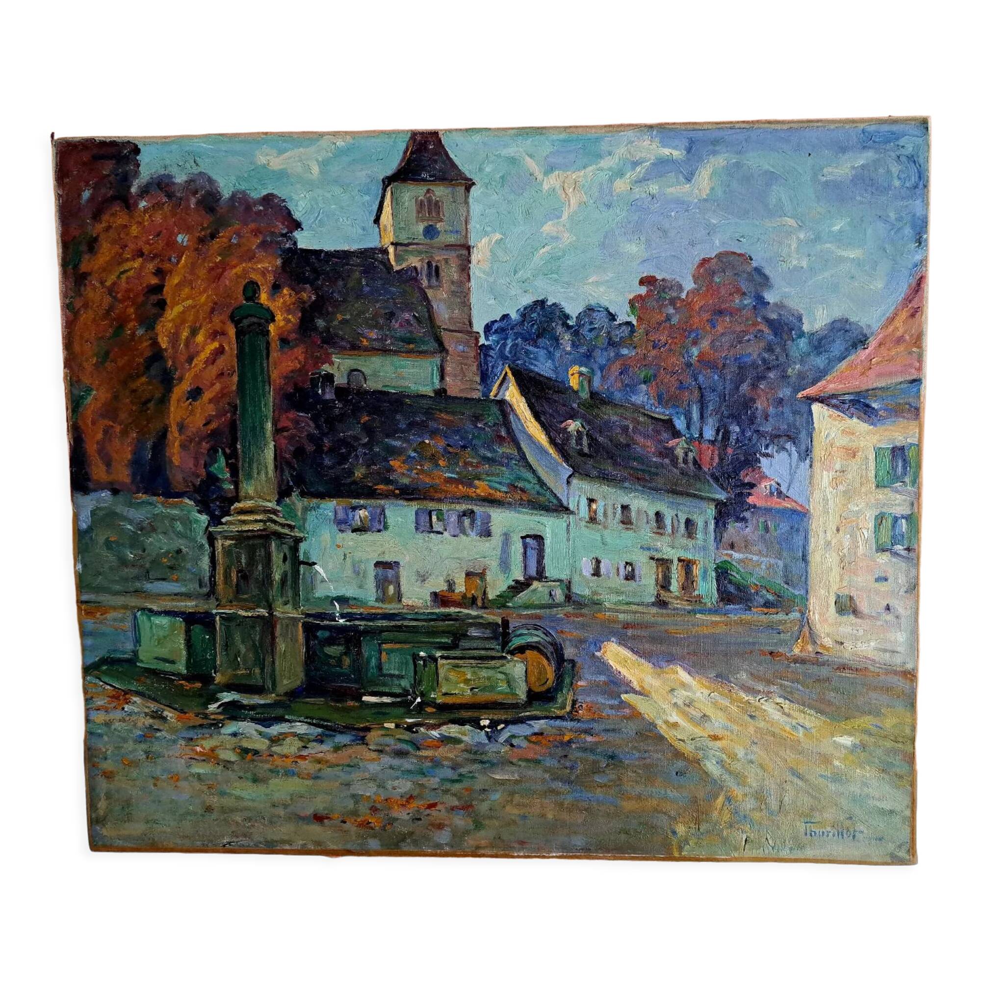 Oil on canvas Place de vilage fontaine