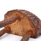 Wooden tripod stool with bark, 1950s
