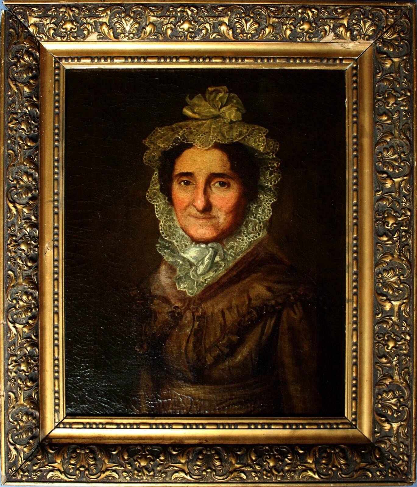 Antique Oil Painting of Portrait of a Lady in Bonnet