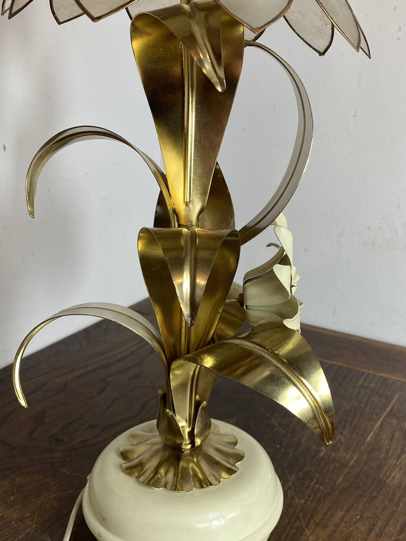 Brass lamp, metal and mother-of-pearl