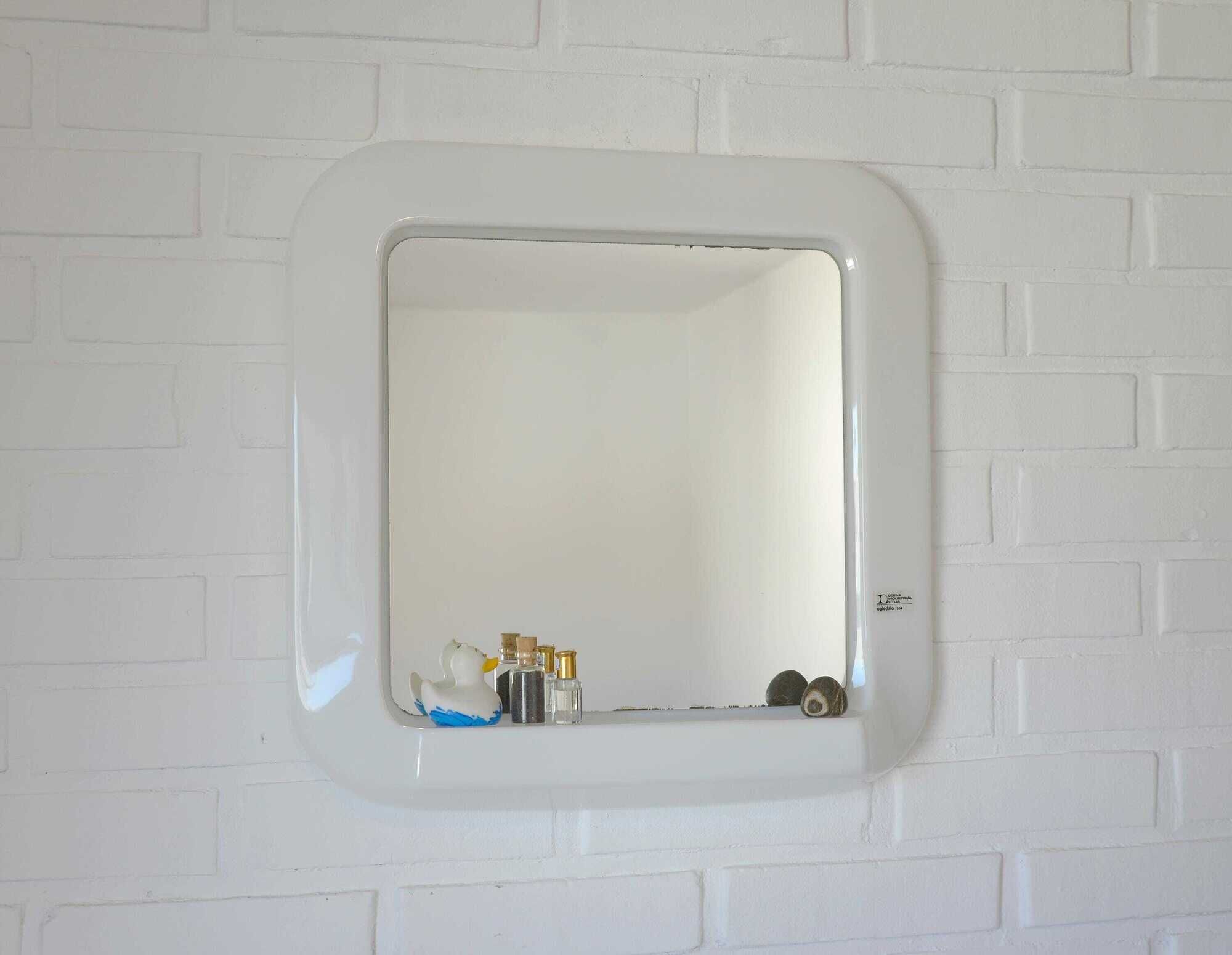 Square Wall Mirror With Shelf / Vintage White Plastic Space Age 1970