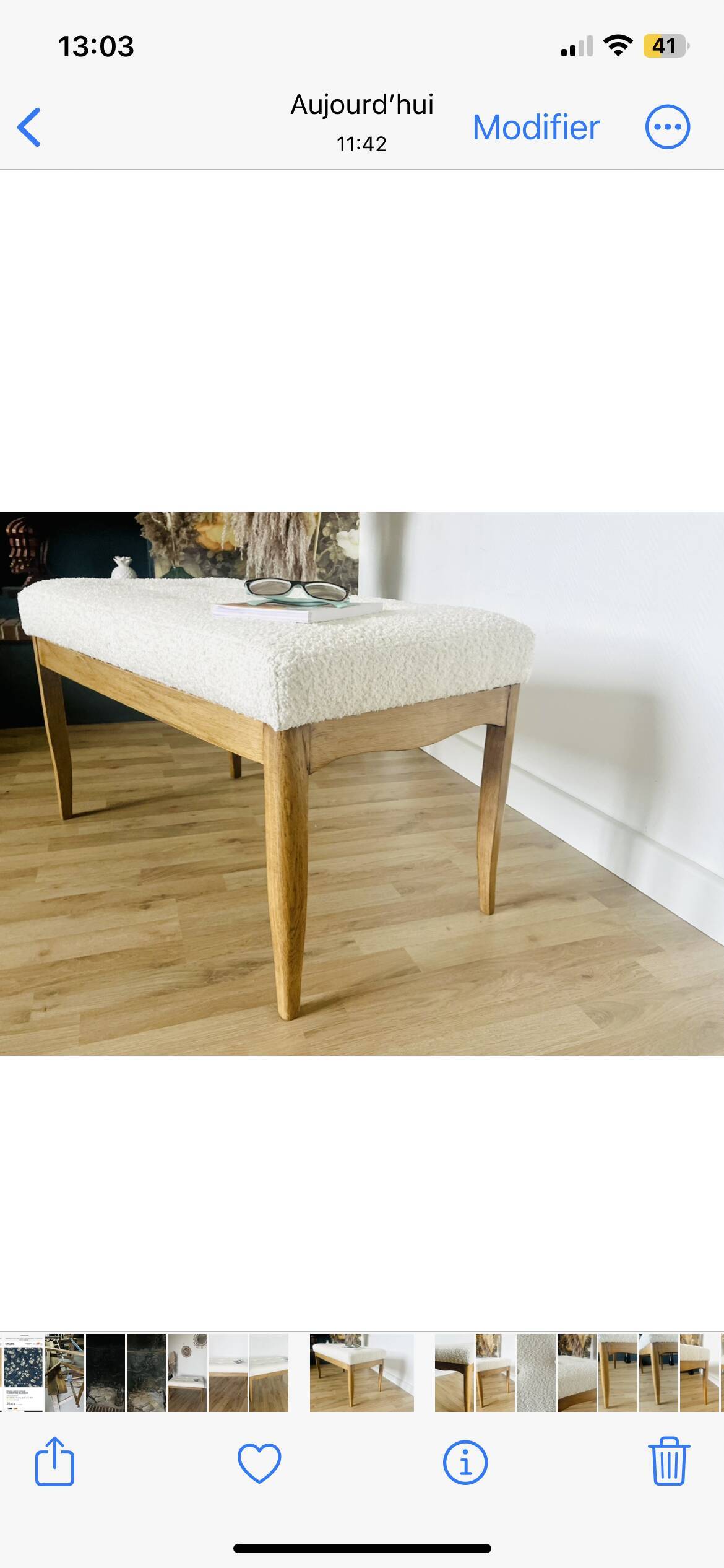 Oak bench, white fabric