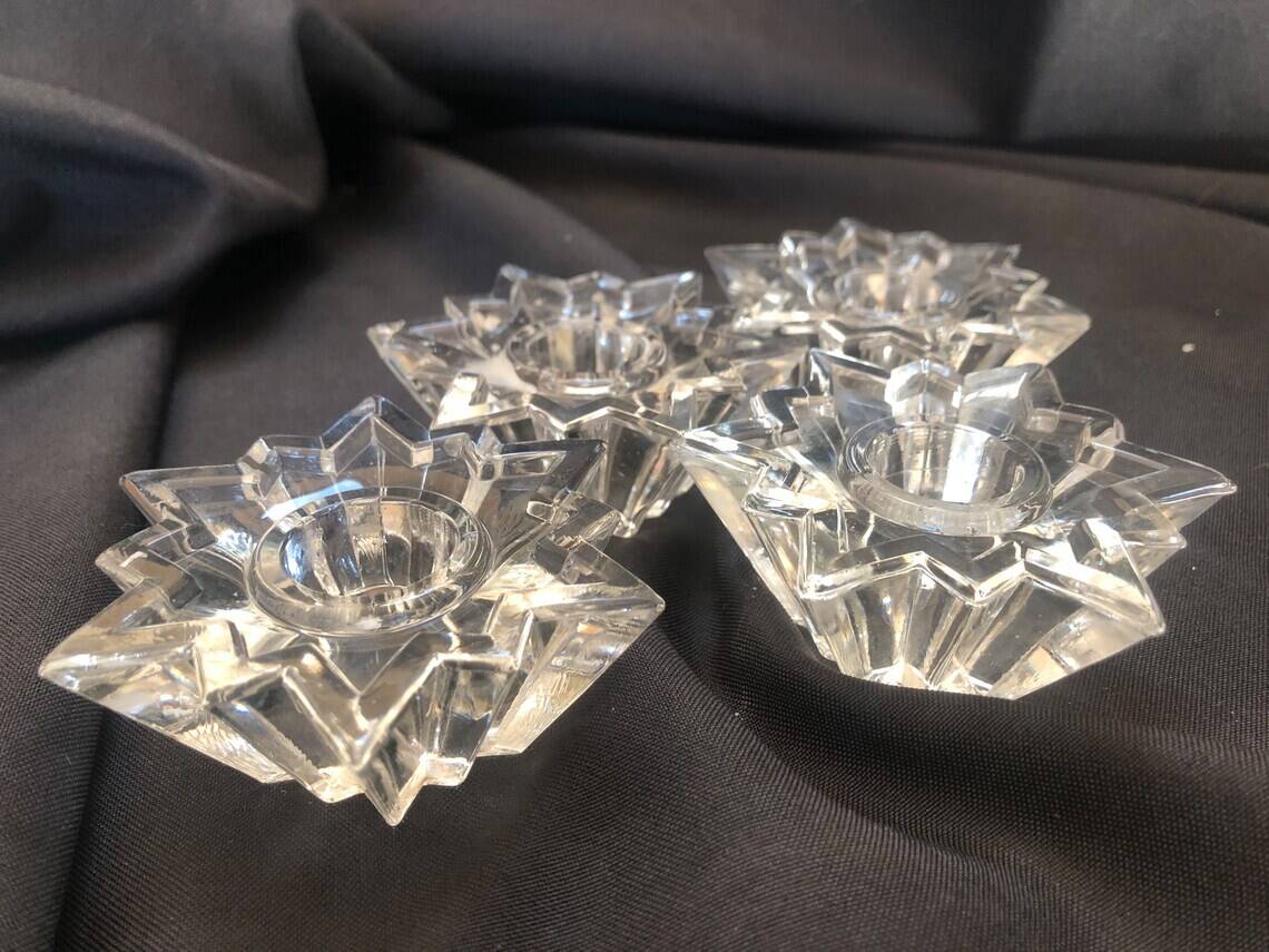 4 molded glass star candle holders