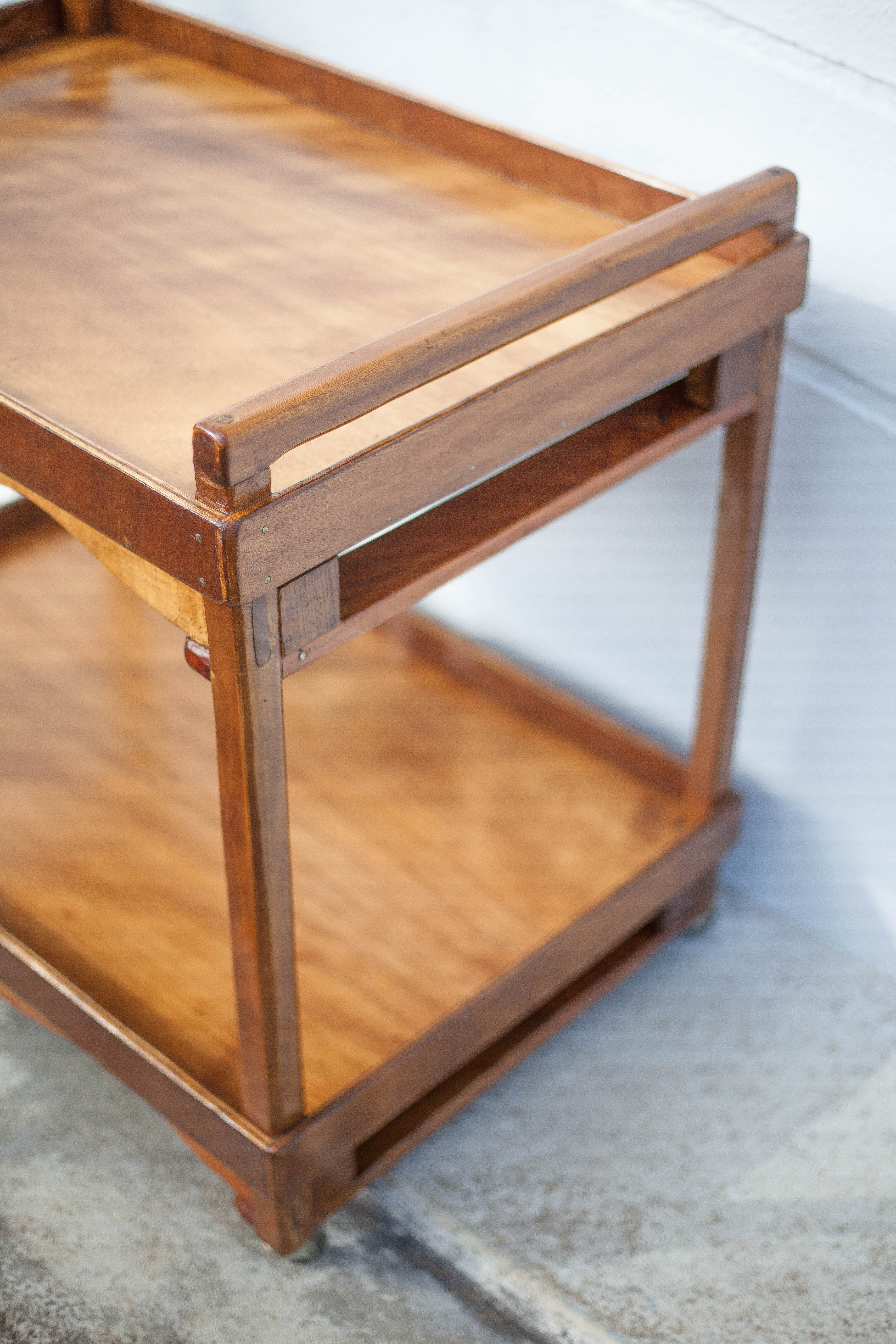 Wooden service with wheels, rolling trolley, rolling bar, wooden lounge furniture, vintage