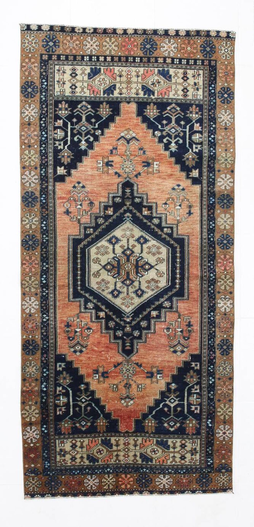 Tapis persan géométrique rouge bleu marine 3x7, 102x223 cm