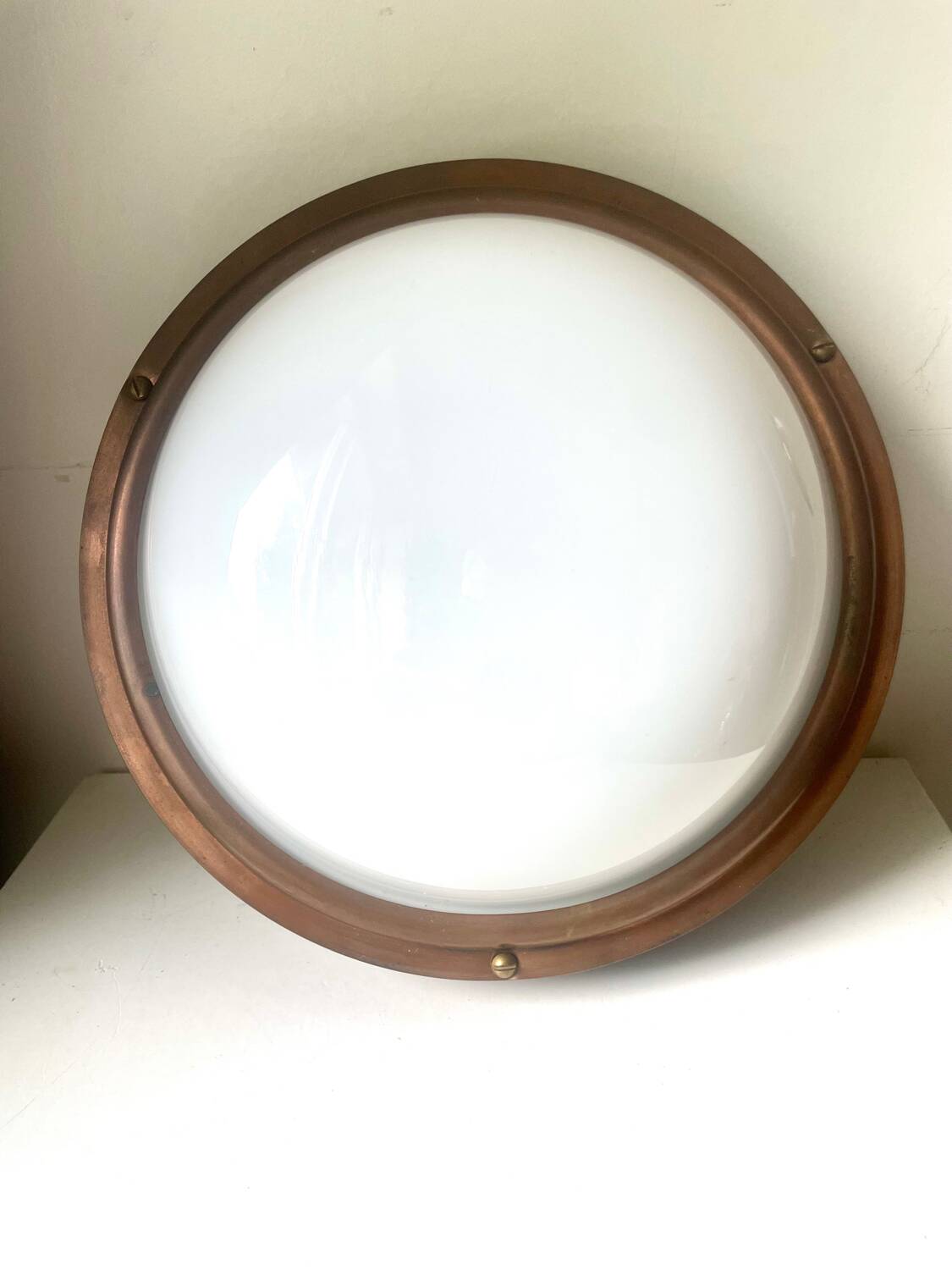 Vintage  wall or ceiling light in Mahogany & copper with  glass from a yacht