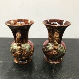Pair of old vases with vintage beige brown ceramic handles
