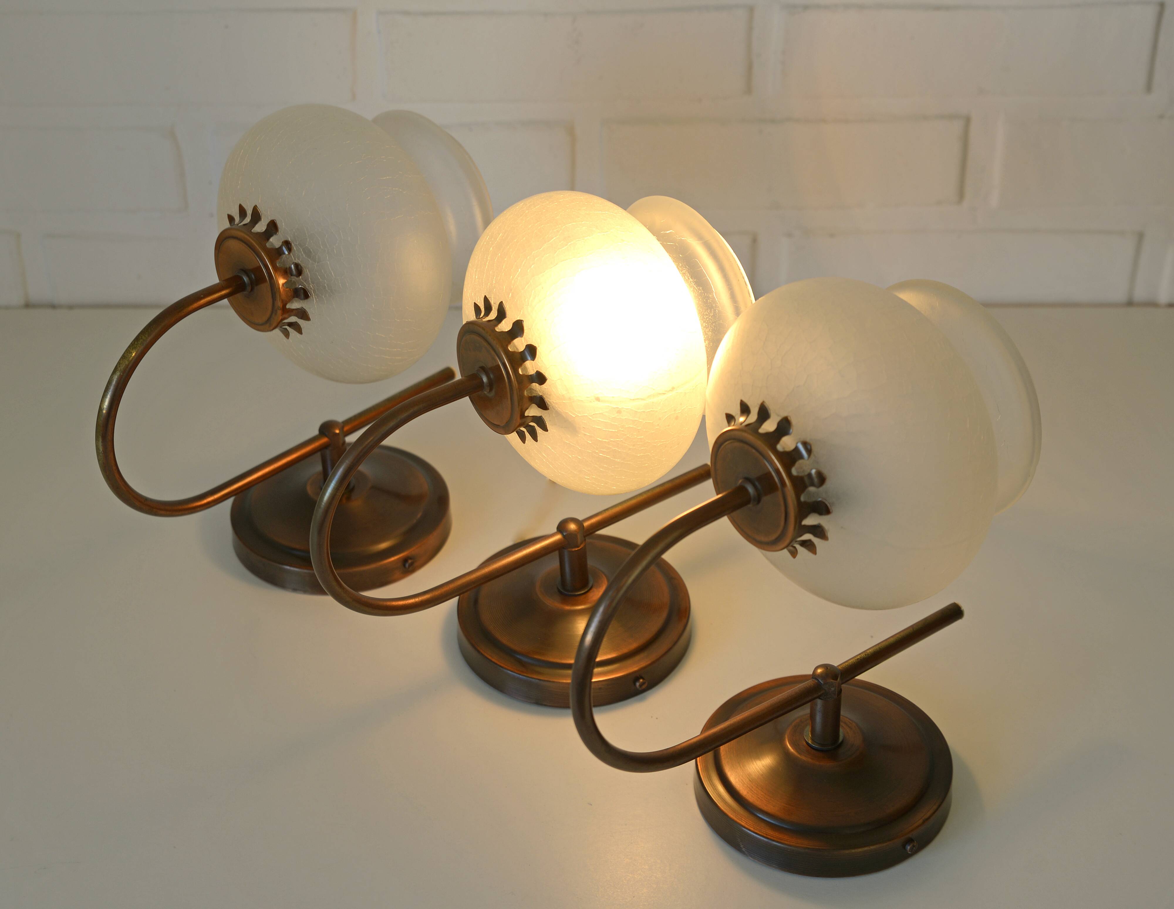 Vintage wall lamps / set of 3 / copper and ice glass rustic sconces