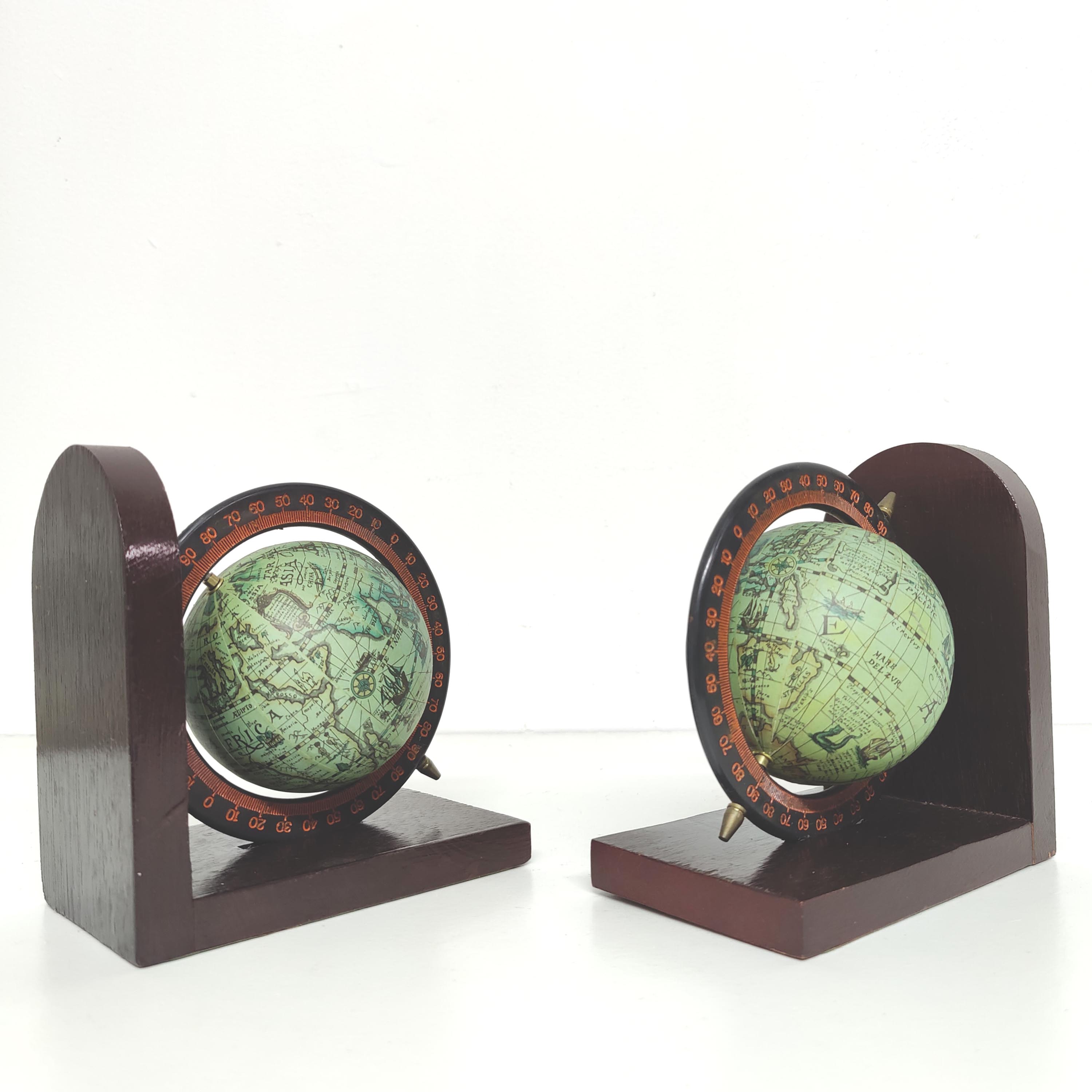 Pair of bookends vintage globe world map wood paper
