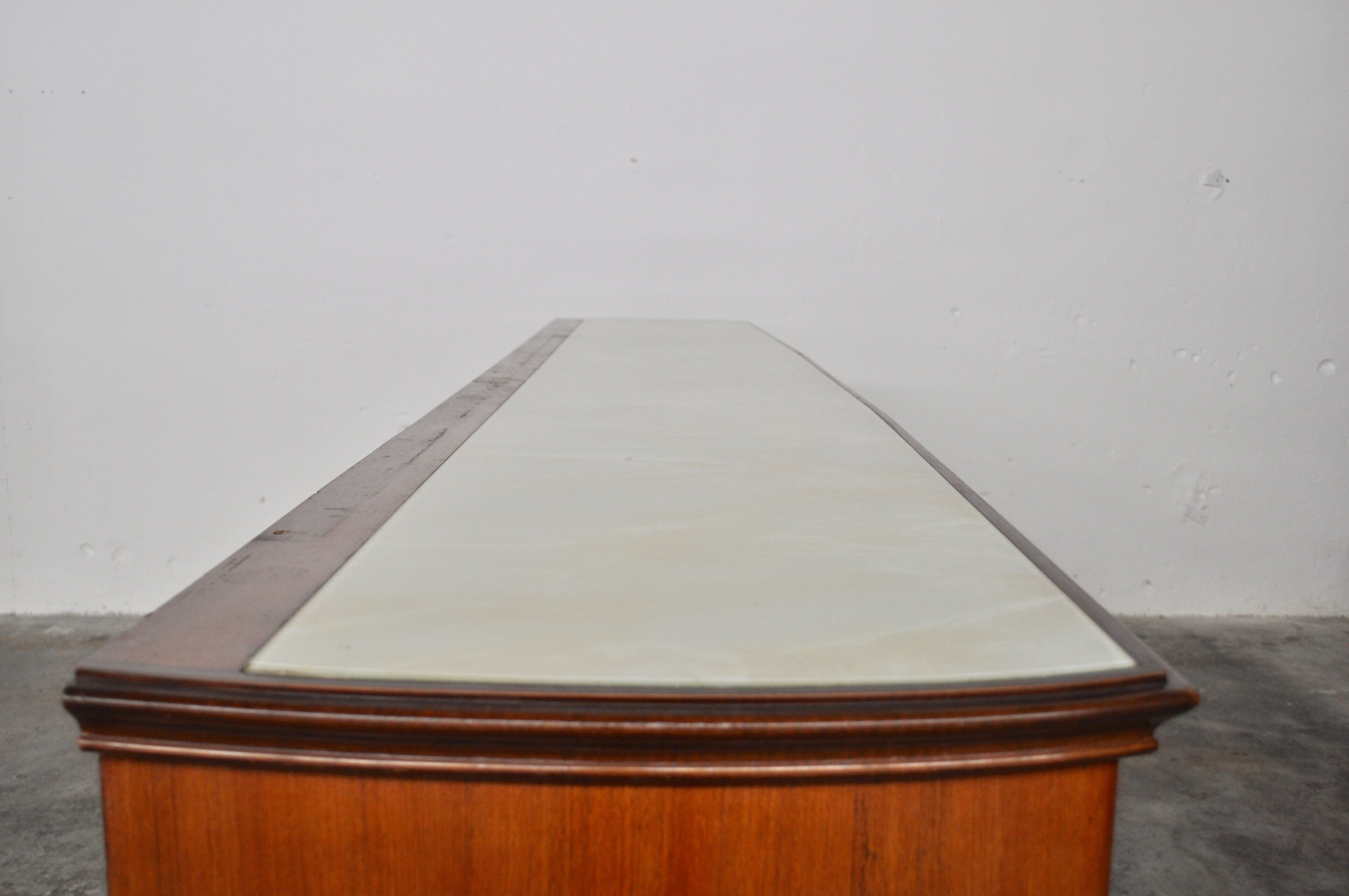 Mahogany, Pearwood, Brass & Marbled Back-Lacquered Glass Top Sideboard with Mirror from F.lli Rigamo