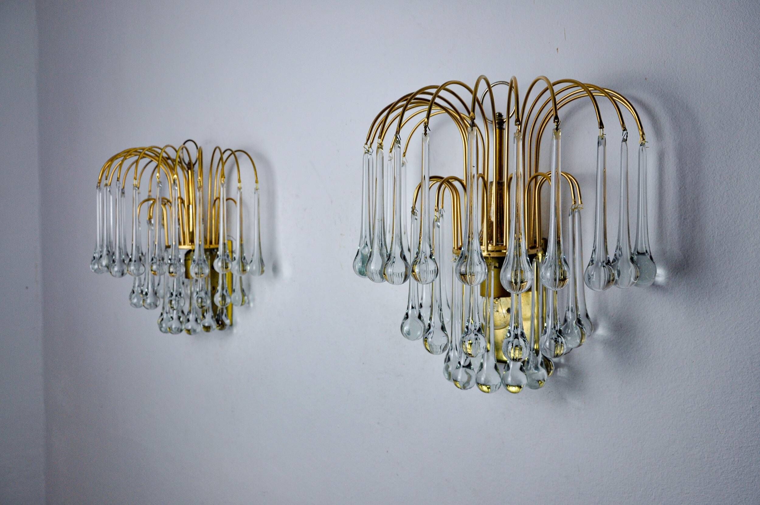 Pair of Venini "drops" wall lights, 3 levels, murano glass, Italy, 1970