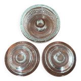 Set of three round thick moulded glass candle holders