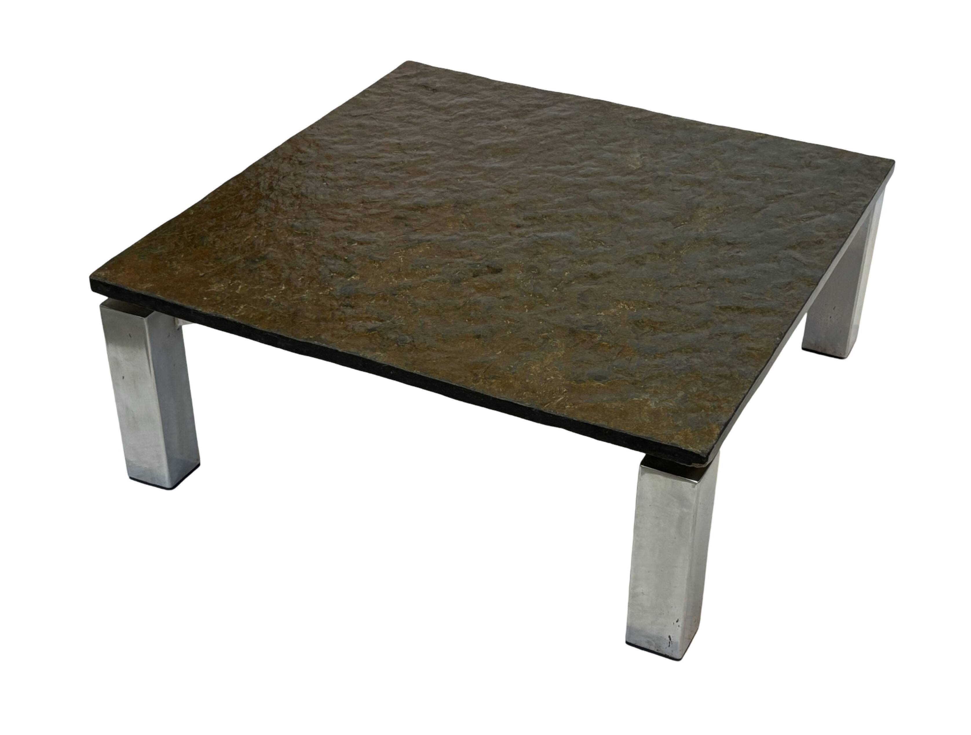 Table basse carrée plateau en pierre et piètement en acier chromé - années 60