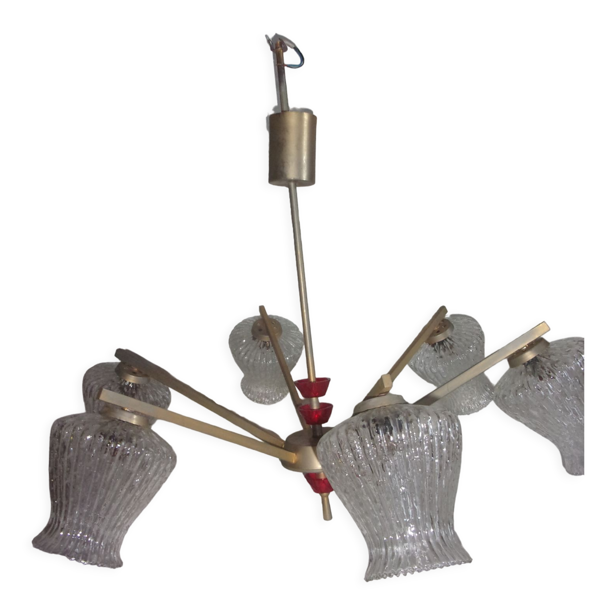 Chandelier in golden metal and vintage red pvc