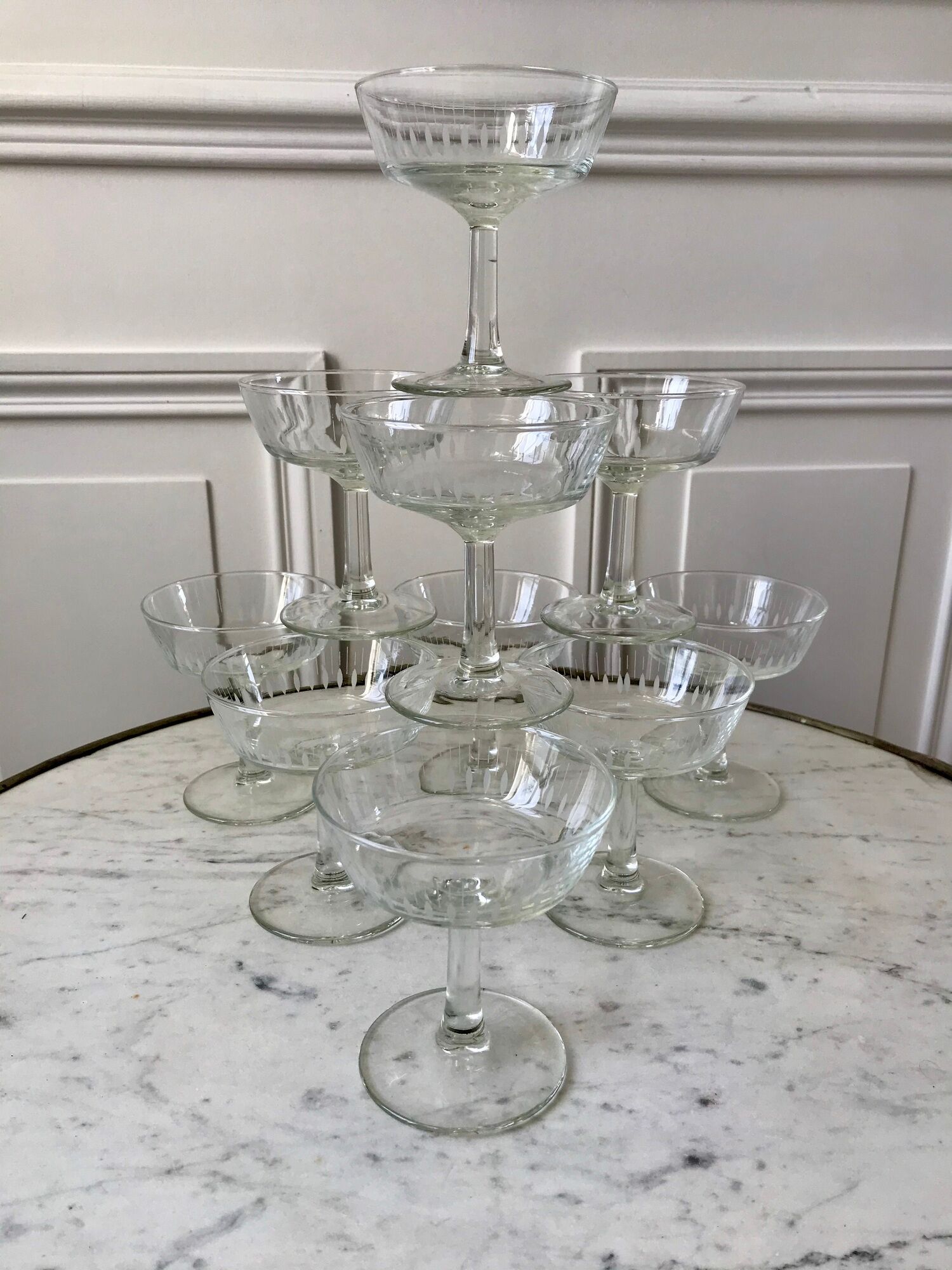 Lot de 10 coupes à champagne en verre cristallin années 50-60