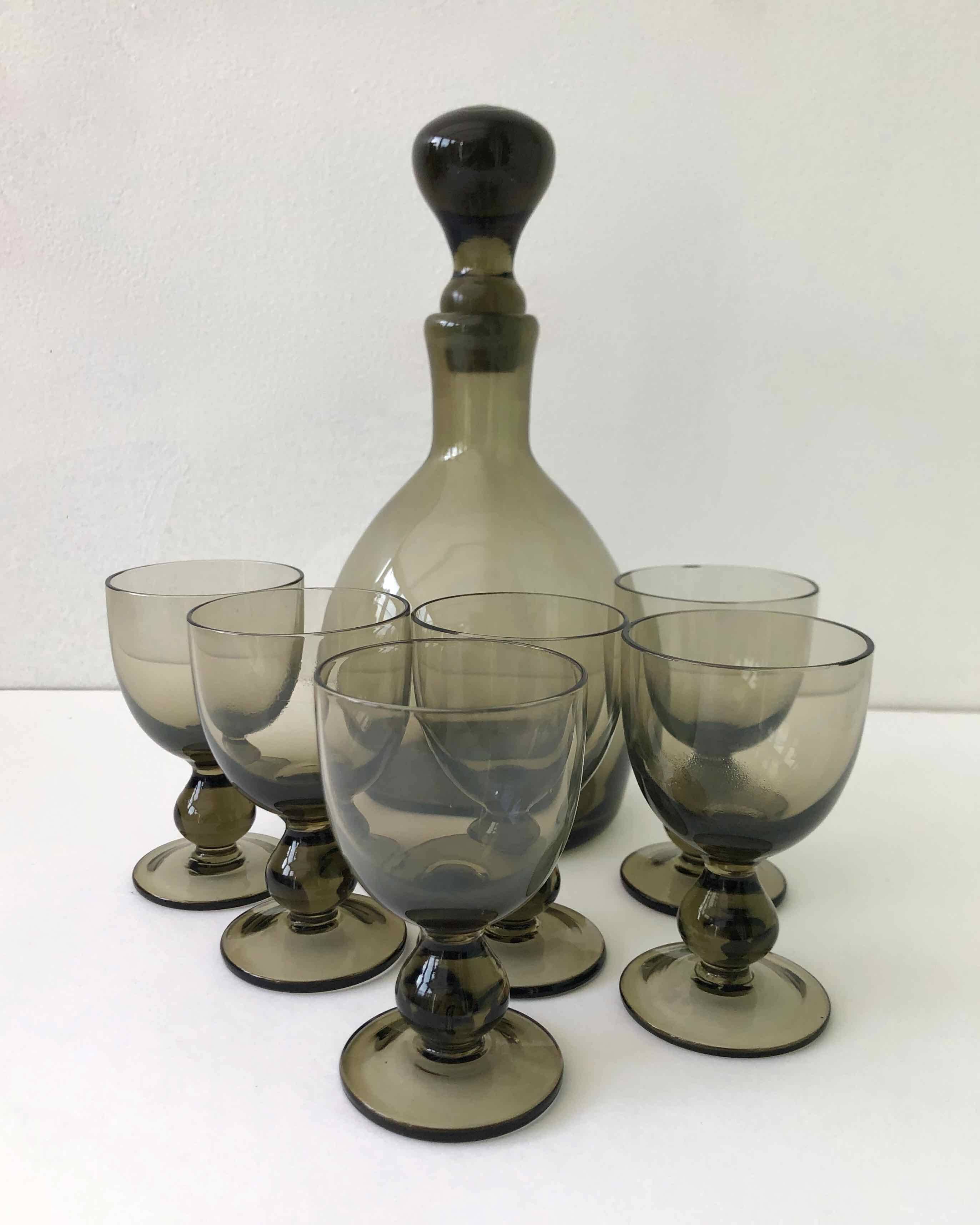 6 blown glass glasses and carafe 1960