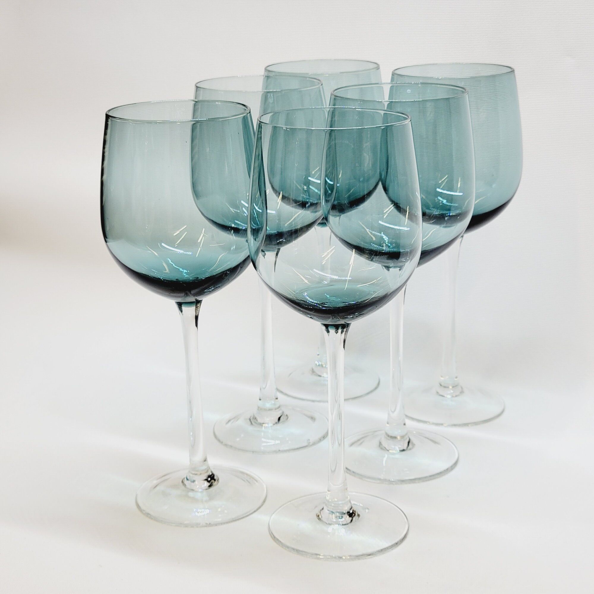 6 Large Wine or Water Balloon Glasses in Petrol Blue Color Blown Glass