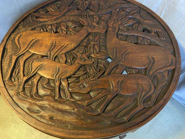 Mobilier d'Art Populaire Table Basse Circulaire Bois Massif Sculpté Années 30/40