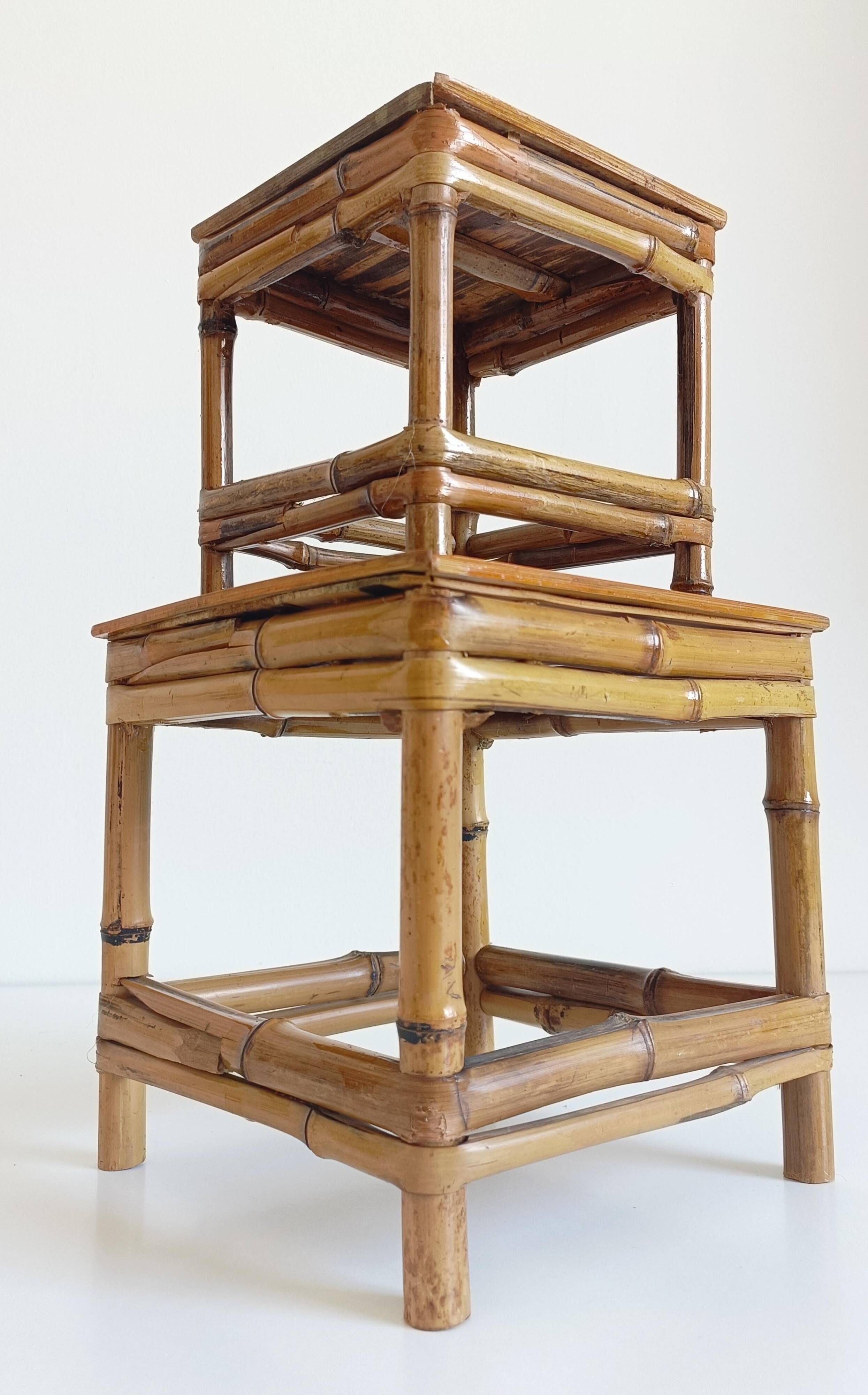 1950s Mid-Century French Bamboo and Wood Plant Pedestals, Hand-Crafted