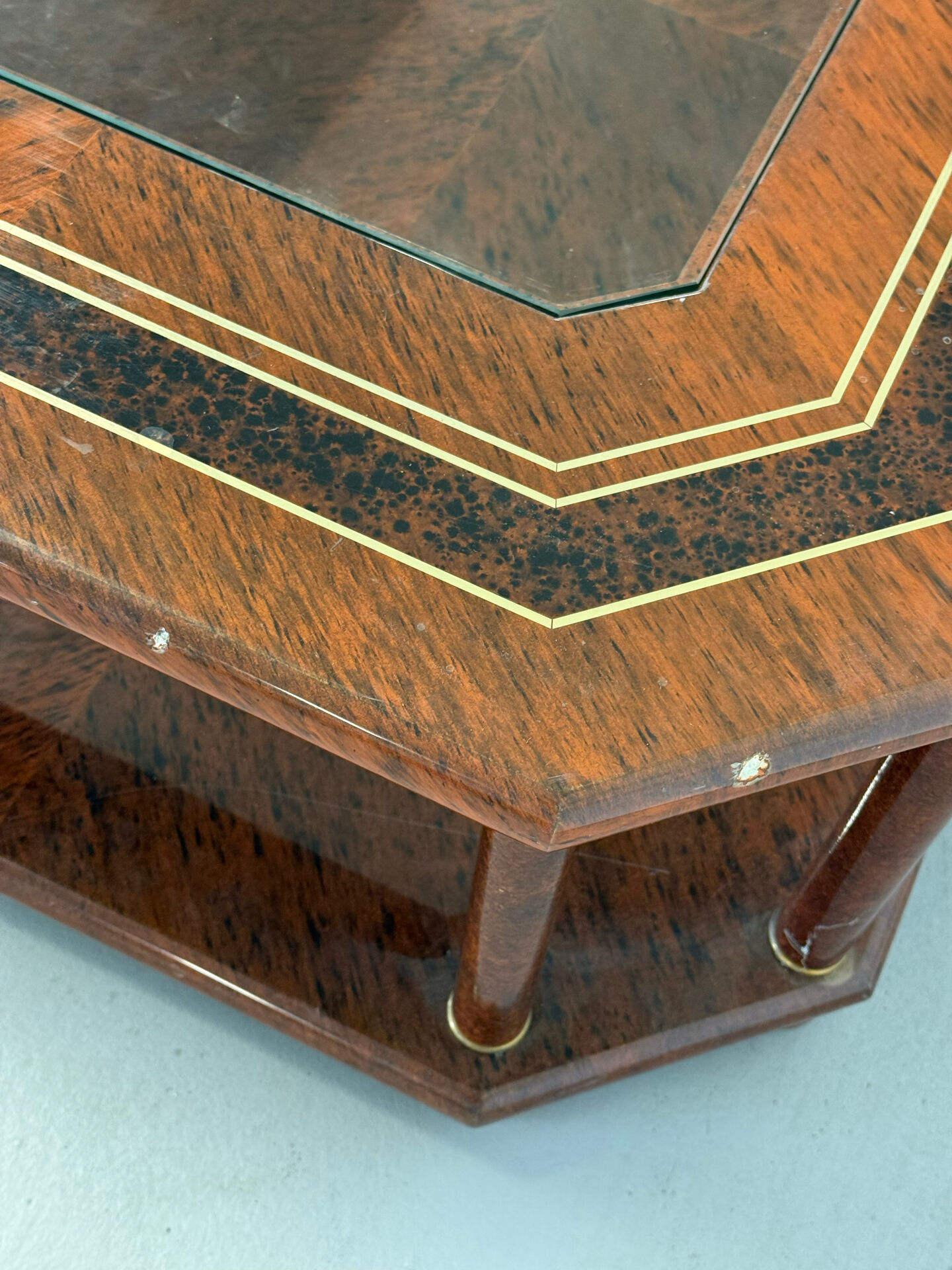 Vintage Octagonal Coffee Table — Glass Top, Brass Details & Two-Tier D