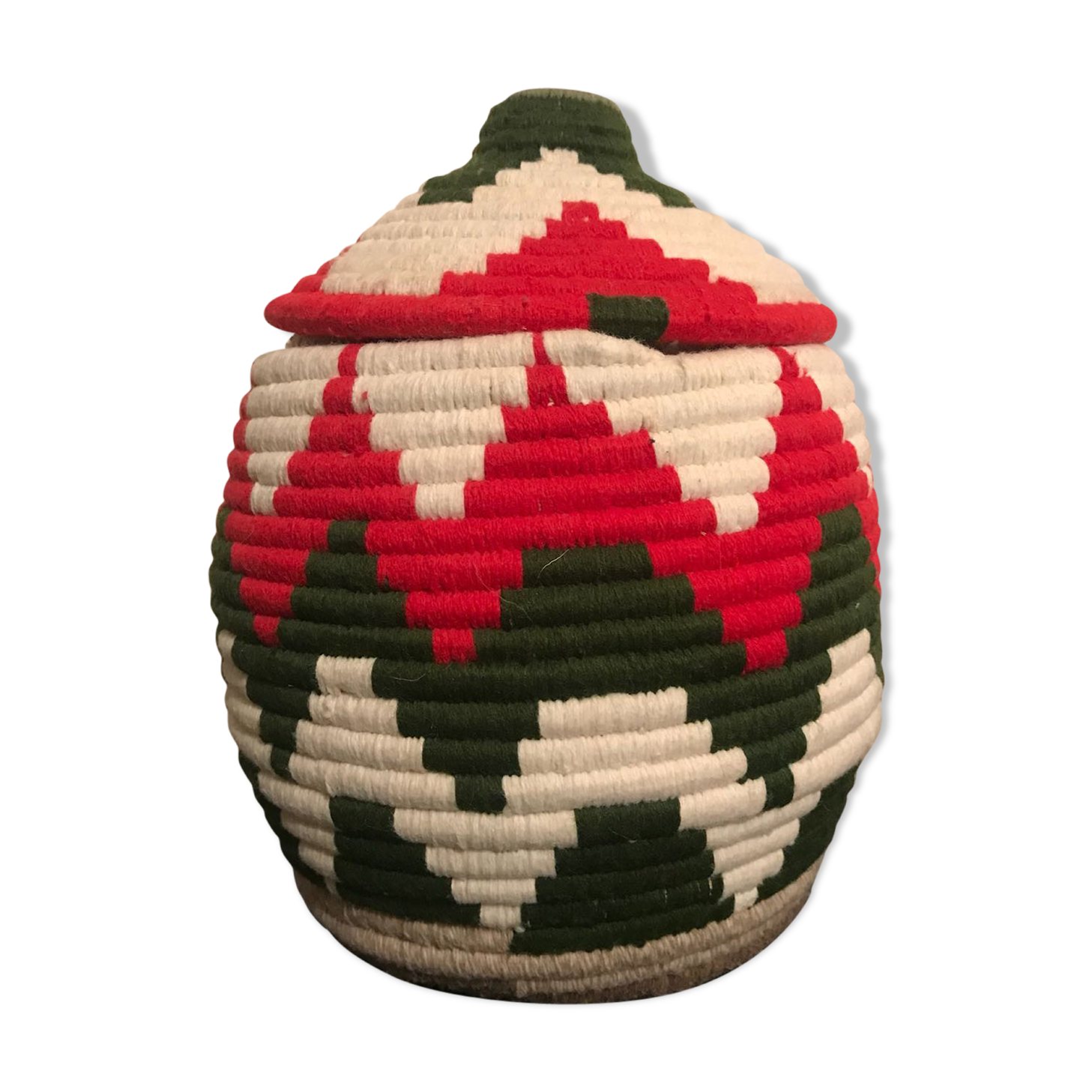 Berber red and white wool and raffia basket
