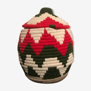 Berber red and white wool and raffia basket