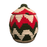 Berber red and white wool and raffia basket