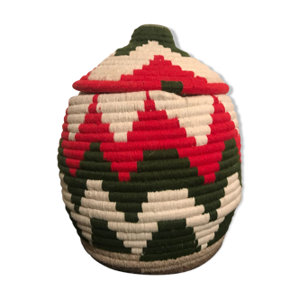 Berber red and white wool and raffia basket